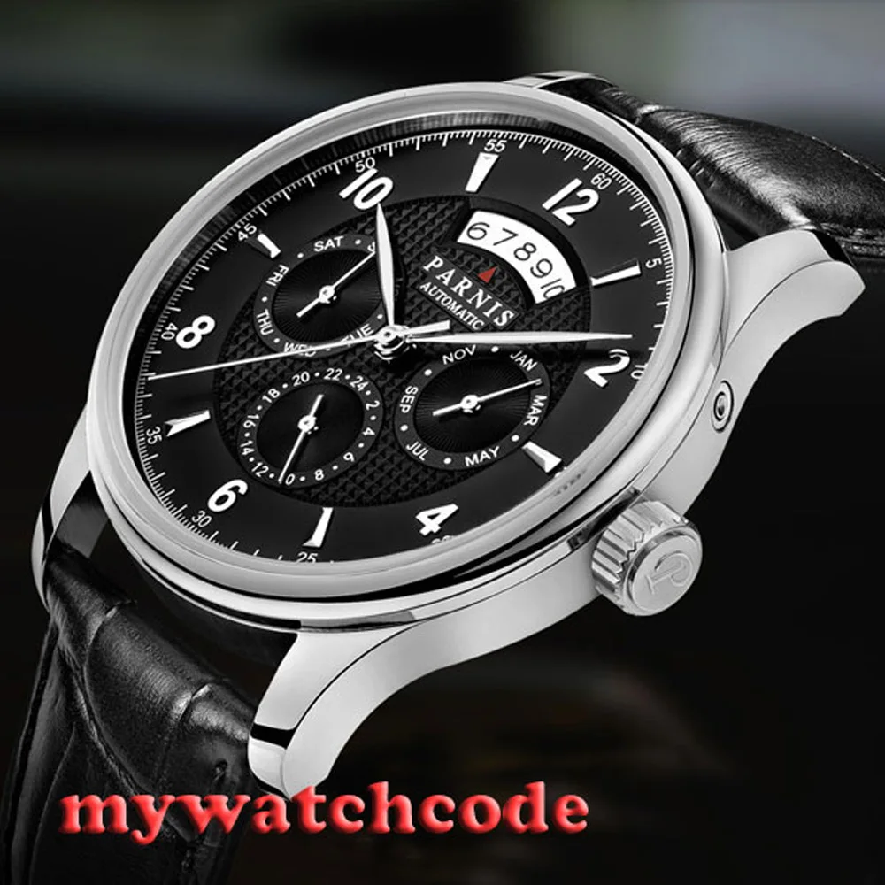 42mm Parnis Black Dial Sapphire Glass 26 Jewels Miyota 9100 Automatic Date Week Multifunction Mens Watch Leather Strap P535