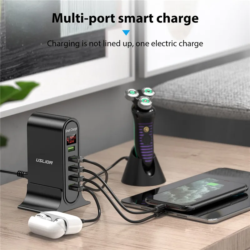 USLION 5 Port USB Charger HUB Multi USB Charging Station Dock Desktop Wall Home LED Display Universal New Chargers EU US UK Plug