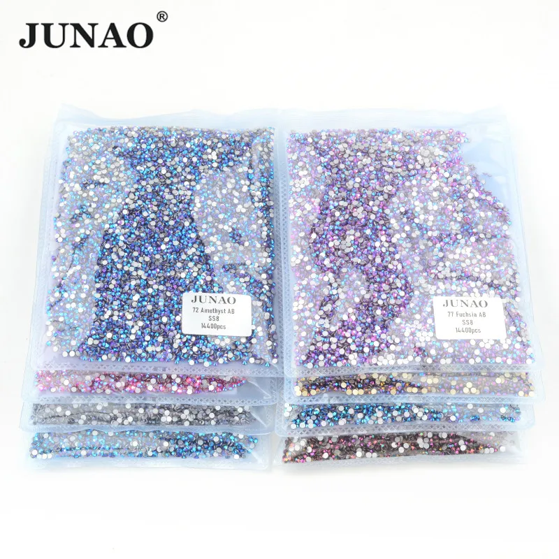 JUNAO SS6 8 10 12 16 20 30 Big Package Fuchsia AB Glass Non Hot Fix Rhinestones Flat Back Crystal Stone Glue on Nail Strass