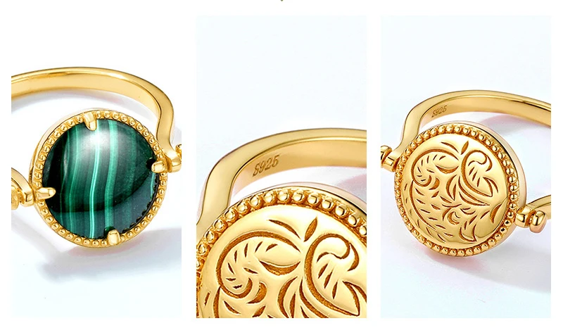 Anomokay New Round Green Malachite Gold Color Rings Two Sides Different Free Size 925 Silver Rings for Women Jewelry Gift