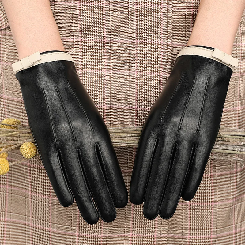 Women's Ladies 100% Real Leather Sheep skin Winter Warm Thick Lining white gloves Colorful Blue Cute Outdoor Short Touch Screen