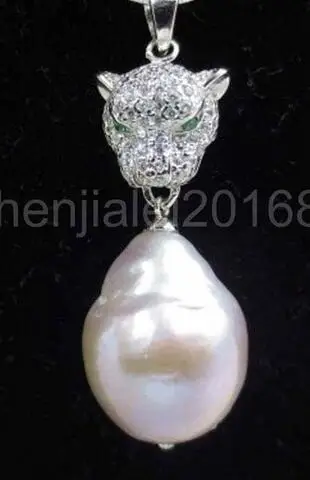 

free shipping baroque 13-15mm WHITE Kasumi pearl necklace leopard head pendant