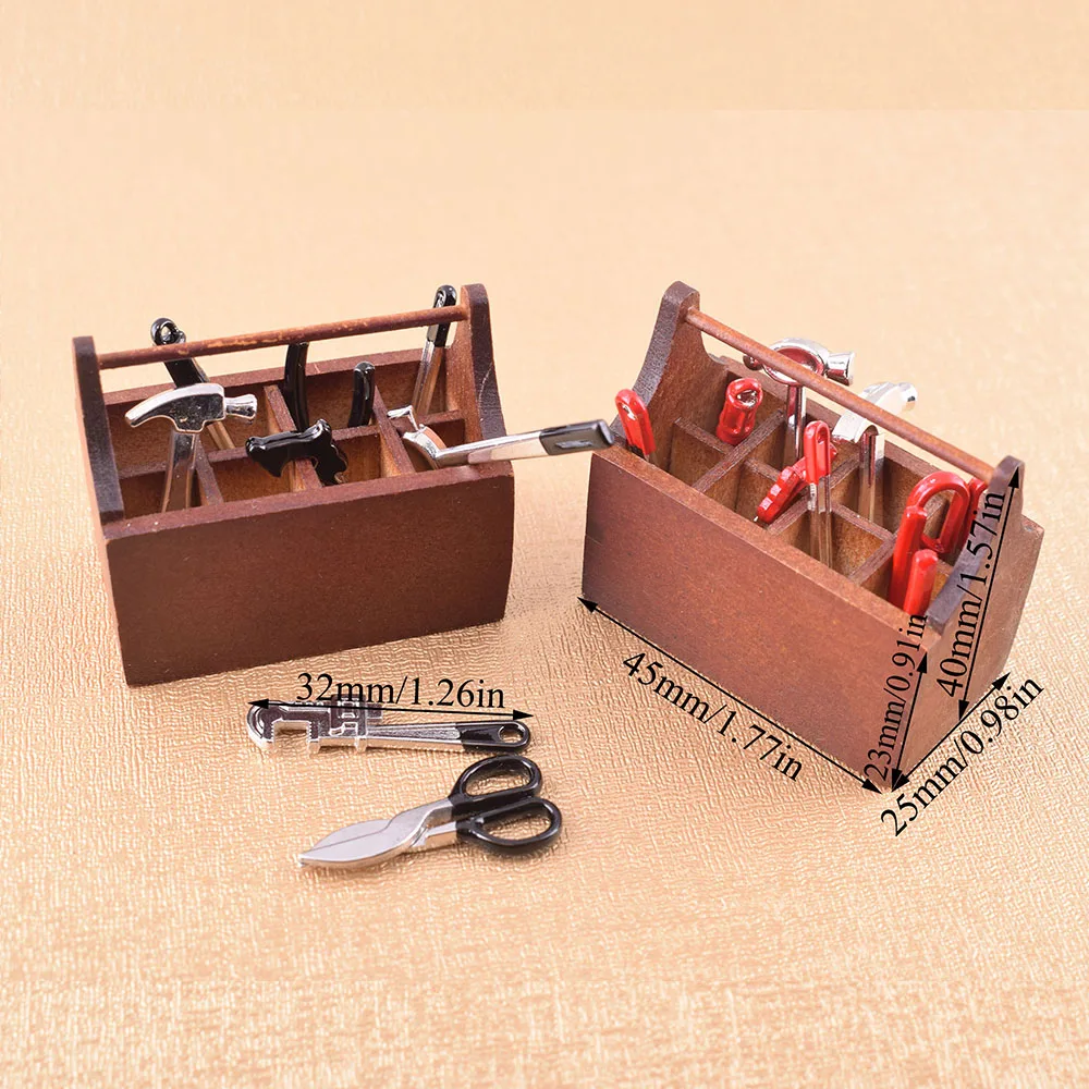 Mini Toolbox with 8pcs Tools Multi-Tool Model Set Miniature Wooden House Tool Box Dressing Toys Scene DIY Fairy Garden Dollhouse