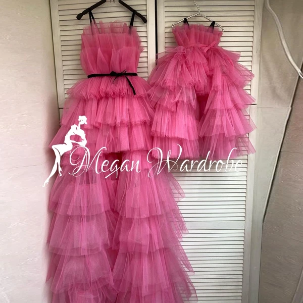 Hot Pink Tiered Ruffled Hi Low Tulle Dresses For Mother And Daughter Birthday Party Wear Lace-up Back Long Dress Real Images