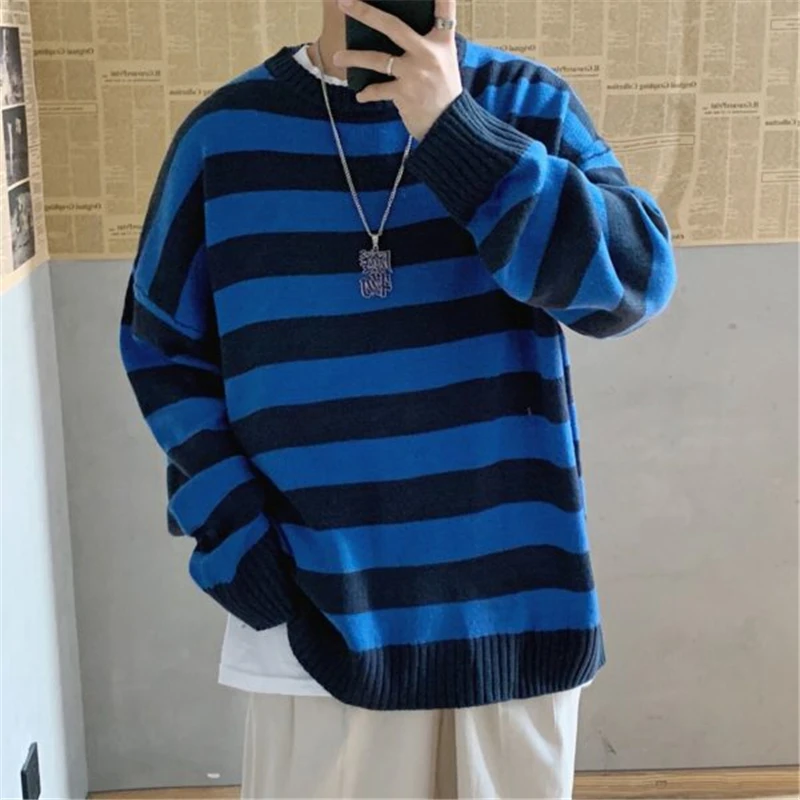 Winter Knitted Sweater Men Striped Sweaters O-Neck Pullover Male Harajuku Oversized Sweaters Women Couple Hip Hop Jumper 2022