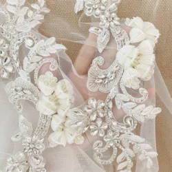 1 Pair 2 Pieces 3D Handmade Couture Flower Rhinestone Beading Sew on Applique Bridal Bodice Belt Sash Wedding Motif