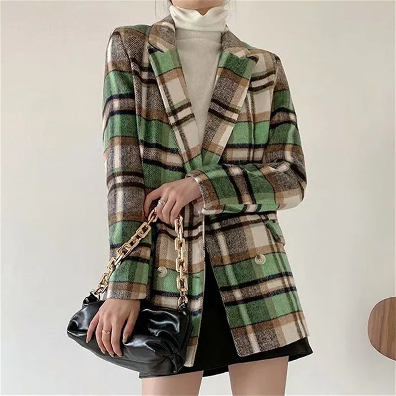 

New Elegant Women Green Plaid Woolen Coats 2023 New Fashion Ladies Double Breasted Blazers Streetwear Female Chic Pocket Jacket