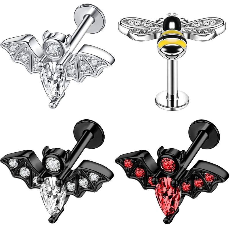 

ZS 16 г пчела летучая мышь шпильки для губ из нержавеющей стали летучая мышь серьги-гвоздики для женщин Кристалл Циркон летучая мышь губы пирс...