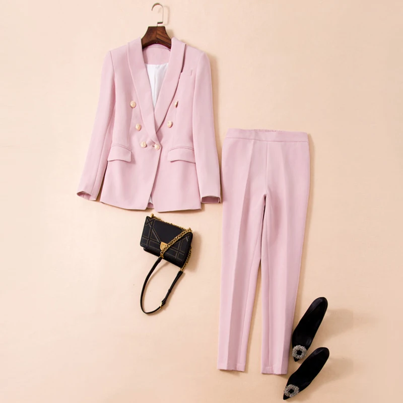 Pink Black Pant Suits Two Pcs Sets Women\'s Pantsuit Apricot Business Double-breasted Buttons Nine Blazer Pants Formal Suits 2021