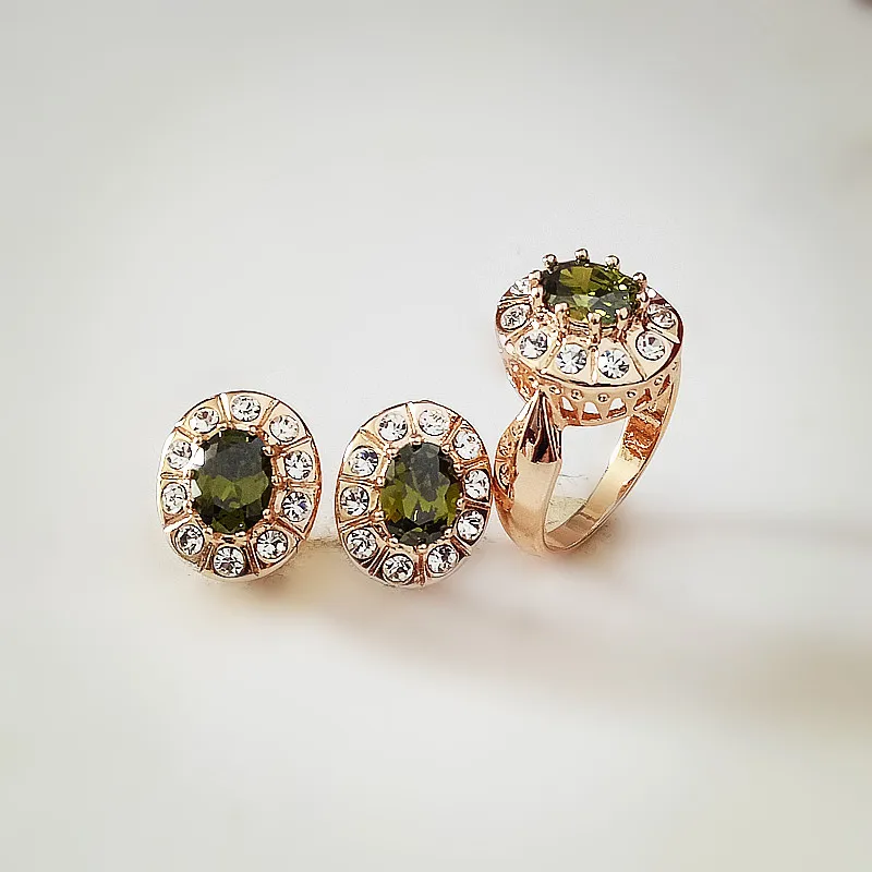 Round Green Women Jewelry Sets Trendy New Fashion 585 Rose Color Green Cubic Zircon Earring /Ring Sets