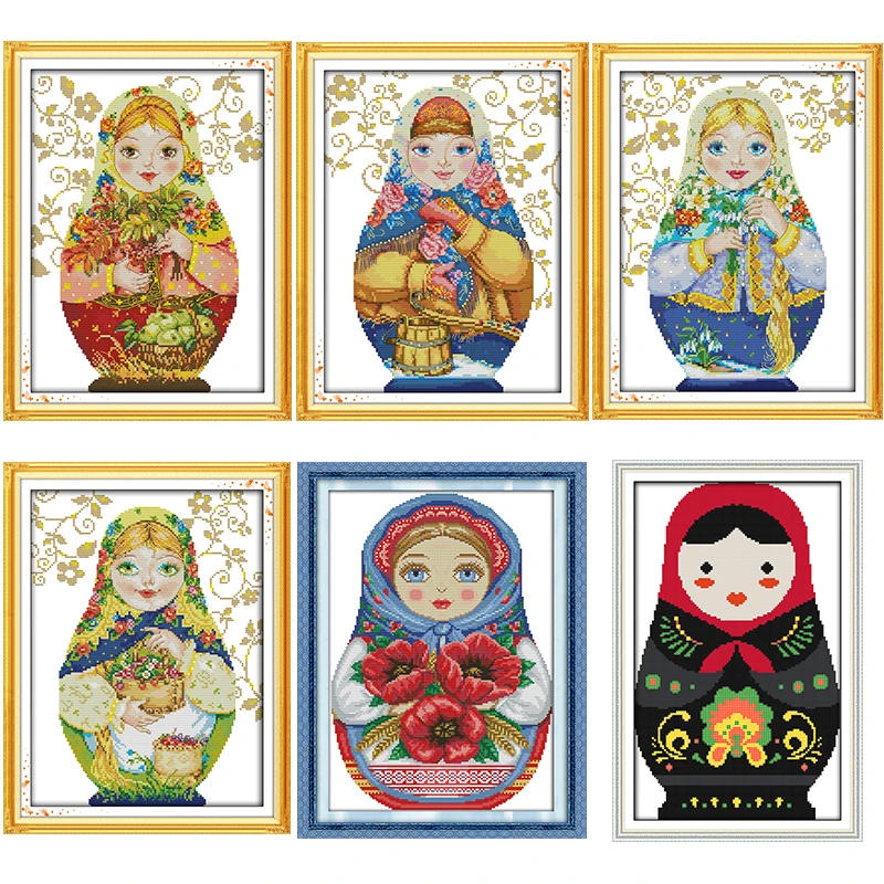 Russian doll Series Cross Stitch Kits DIY Cartoon Character Pattern 14CT 11CT Count Canvas Printing Embroidery Needlework Crafts