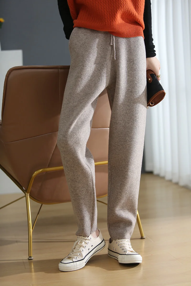 2021 Women\'s Autumn Winter Trendy Warm Trousers Female 100% Wool Elastic Casual Pants Women Grey Color Fashion Pencil Pants