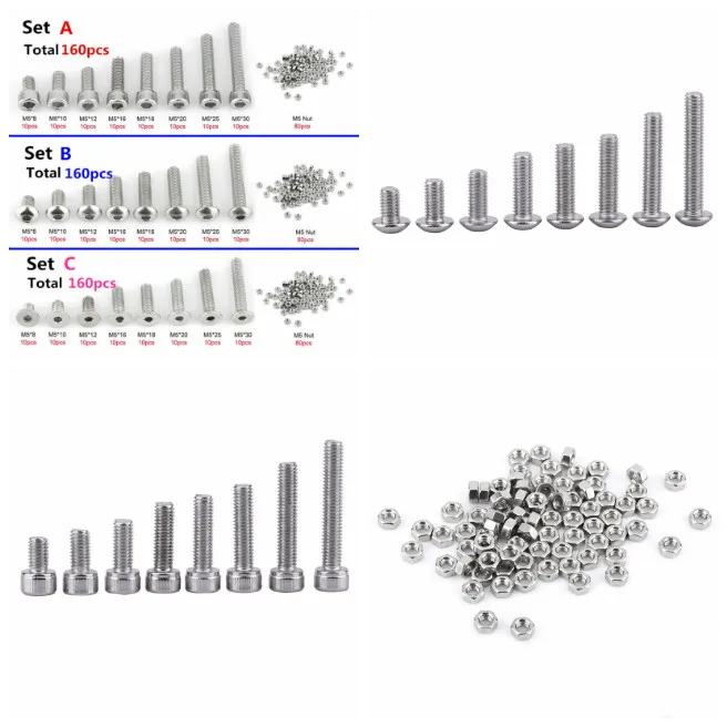 

M5 304 Stainless Steel Hexagon Socket Screws Bolts Hex Nuts Assortment Kit 160pcs/set