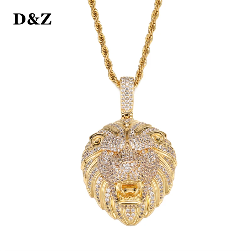 D&Z New Lion Head Pendant Bling Cubic Zircon Iced Out In White Gold Color Necklaces & Pendants For Men Jewelry Solid Back