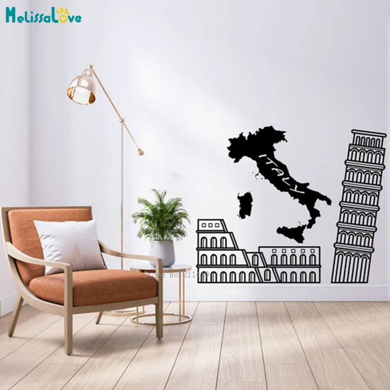 Italy Map Wall Decals Leaning Tower and Arena City Important Historical Building Home Decor Window Poster Vinyl YT6471