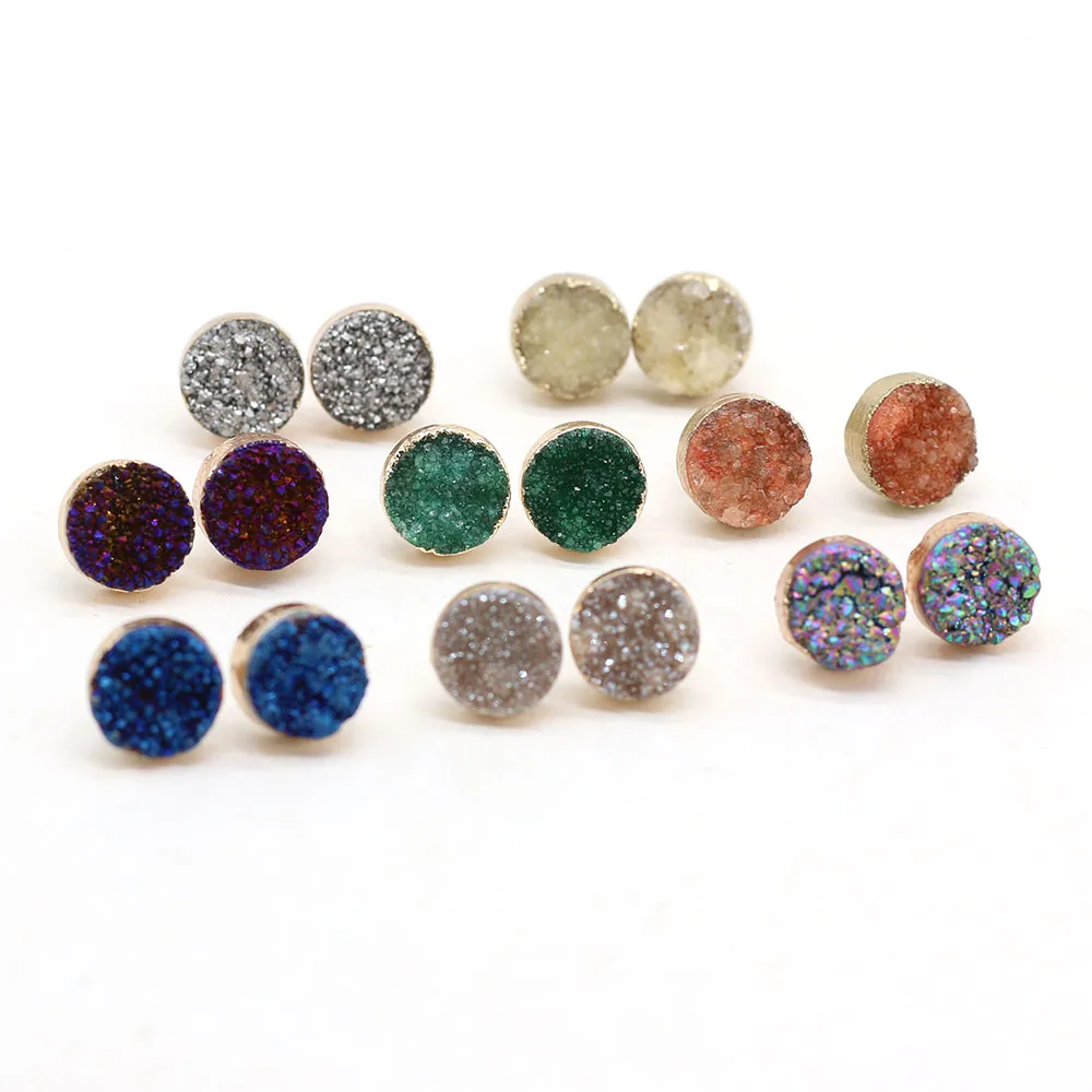 

Wholesale Natural Stone Round Color Plated Crystal Earrings for Women Druzy Agates Stud Ear Exquisite Jewelry Earring Gift