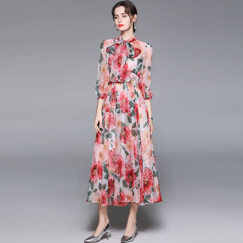 

ZUOMAN Women Spring Elegant Floral Chiffon Dress Festa High Quality Wedding Party Robe Femme Vintage Bow Designer Vestidos