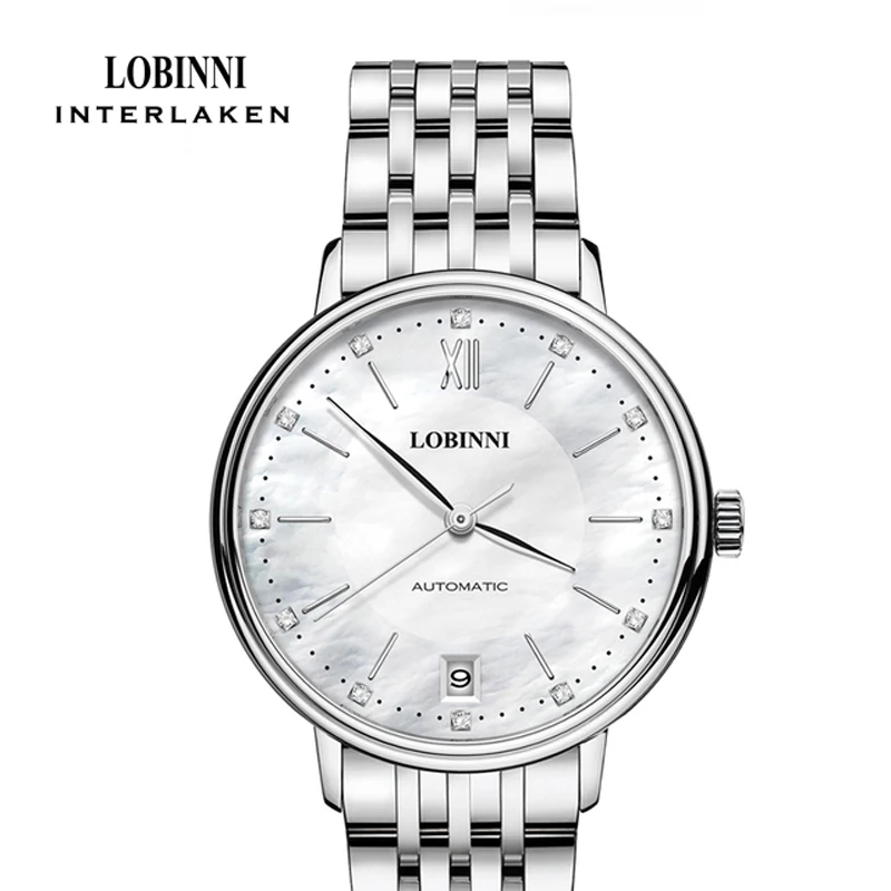 LOBINNI Fashion Elegant Ladies Automatic Mechanical Watch Silver Stainless Steel Strap Waterproof Diamond Women's Watch