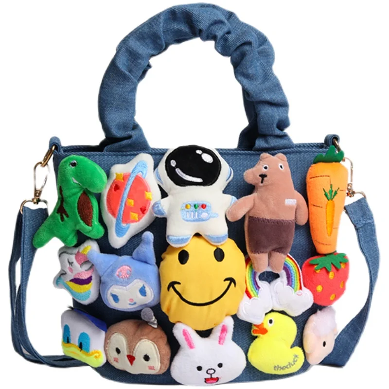 Cute Japanese Cartoon Canvas Bag Women Bags Bucket Bag Kawaii Plush Pendant Shoulder Bags Messenger Bag High Capacity Side Bag