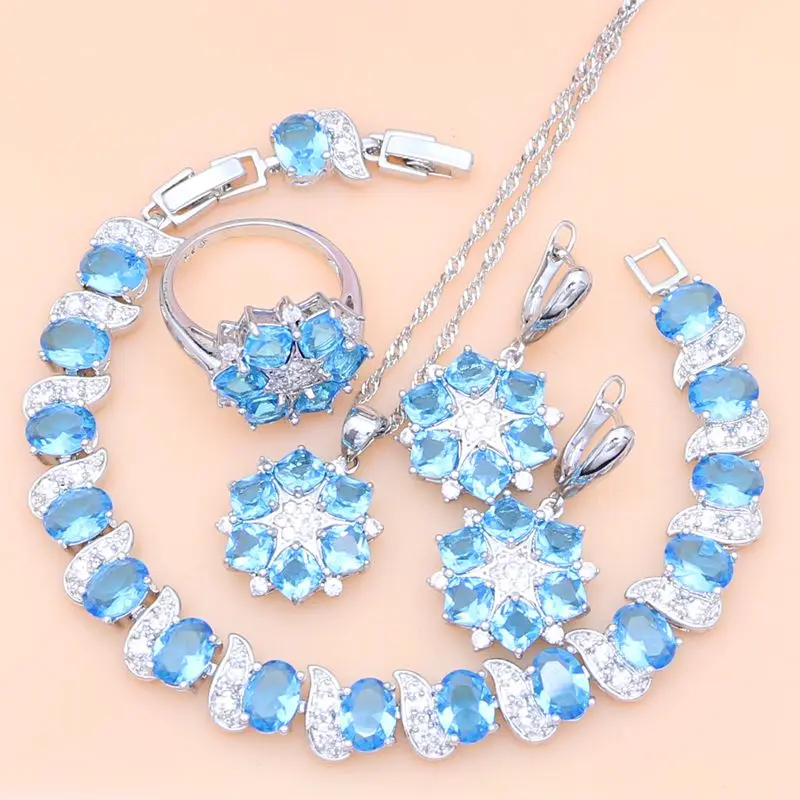 

Sky Blue Cubic Zirconia 925 Silver Jewelry Sets Decorations For Women Earrings Fashion 4PCS Party Gift For Her