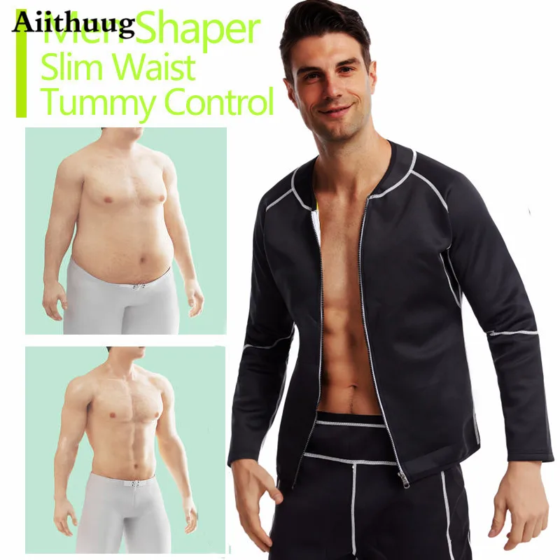 Aiithuug Slim Sets Sauna Suit for Men Sweat Jacket Long Sleeve Workout Sauna Shirts Zipper Neoprene Gym Slimming Top Body Shaper