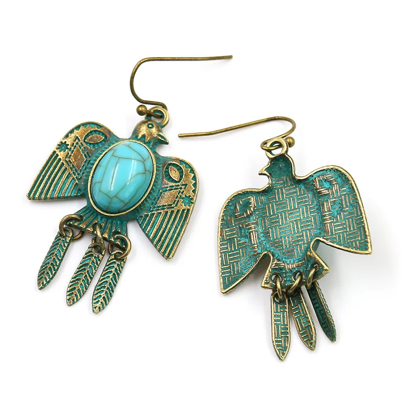 Boho Ethnic Turquoises Dangle Earrings Brincos Metal Green Antique Bronze Pigeon Shape Earring For Women