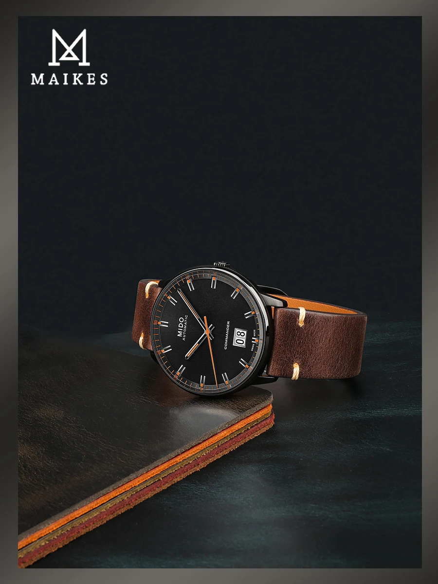 MAIKES Genuine Calfskin Leather Watchband 20mm 22mm 24mm Retro Straps With Solid Automatic Butterfly Buckle Business Watch Band