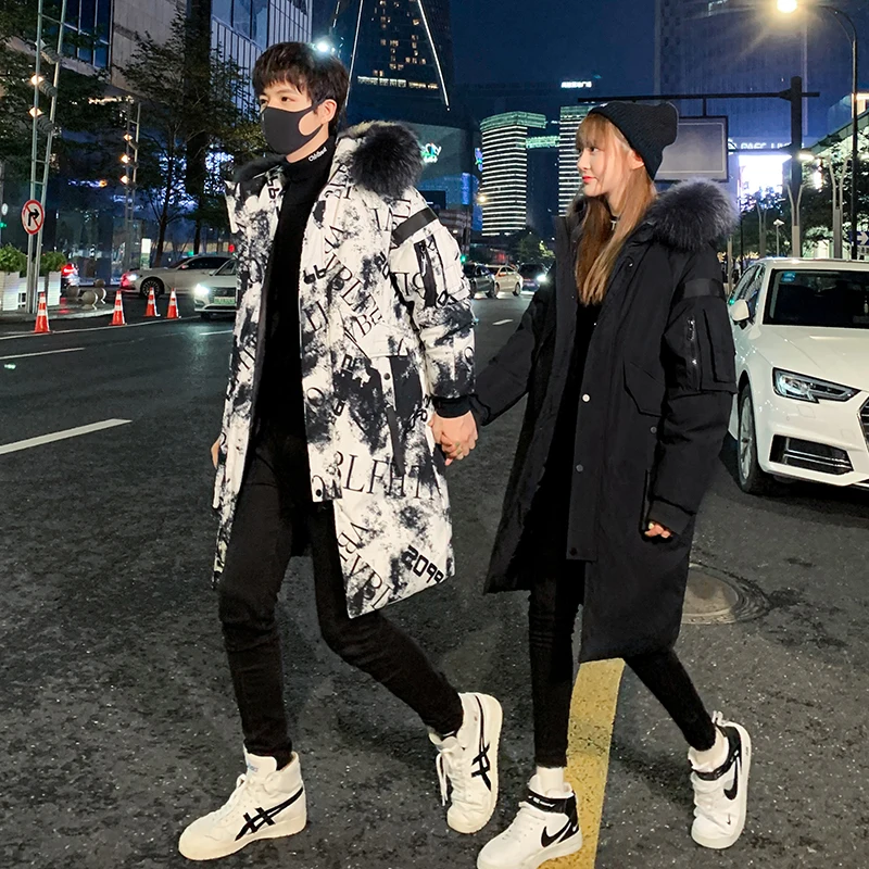 Winter new men women fashion trend long version of lovers wear young casual hip hop handsome couple down jacket