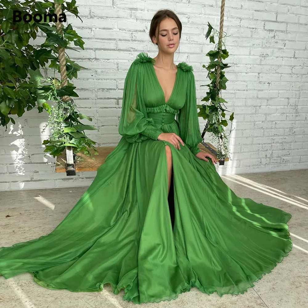 Booma Green V-Neck Prom Dresses Long Puff Sleeves Pleated Slit Skirt Prom Gowns Ruched Waist Buttoned Wedding Party Dresses