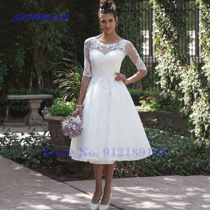 

Vestidos De Novia 2024 New Fashion Short Wedding Dress Scoop Neck Half Sleeve Knee Length Lace Appliques Bridal Gown Robe Mariée