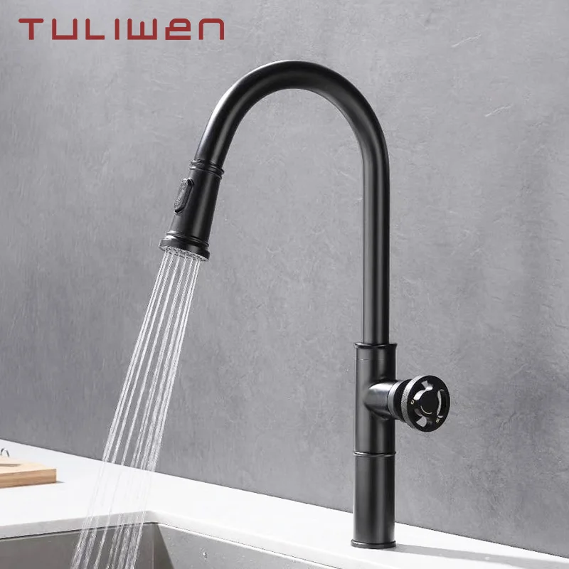 Pull Out Kitchen Sink Faucets Totally Solid Brass Mixer Taps Sink Tap Black Industrial Style Torneira De Cozinha