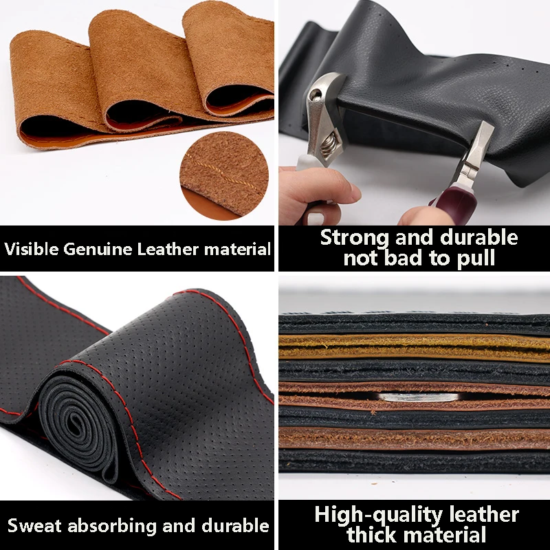 38cm Car Genuine Leather Steering Wheel Braid Cover Hand-stitched Soft Non-slip Auto Interior Accessories