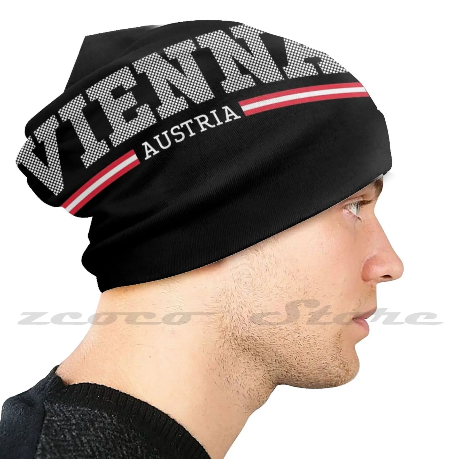 Vienna Austria White Dot Text Pattern Diy Pullover Cap Knit Hat Plus Size Keep Warm Elastic Soft Vienna Austria Austria Vienna