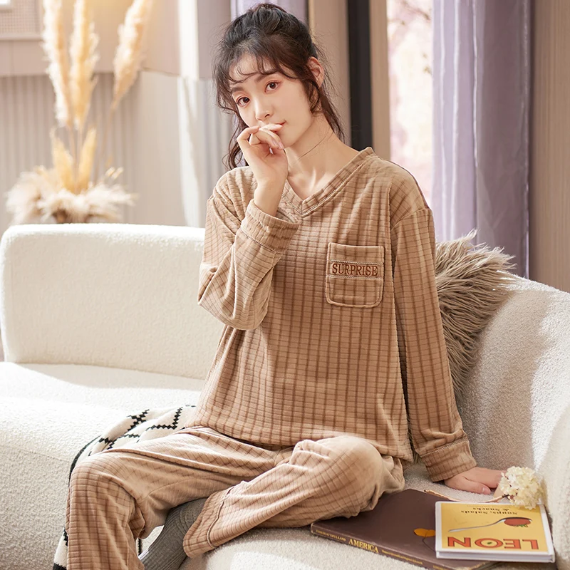 

Women's Winter Flannel Pajama Set Island Fleece Pajamas V-Neck Sleepwear Homewear Thick Warm Velvet Female Suit Fall Sweatshirt