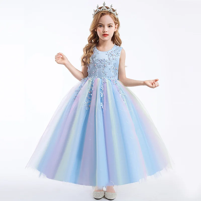 4-14 year old girl's party dress sleeveless mesh embroidery Festival Party communion Party Princess Dress Sequin long dress