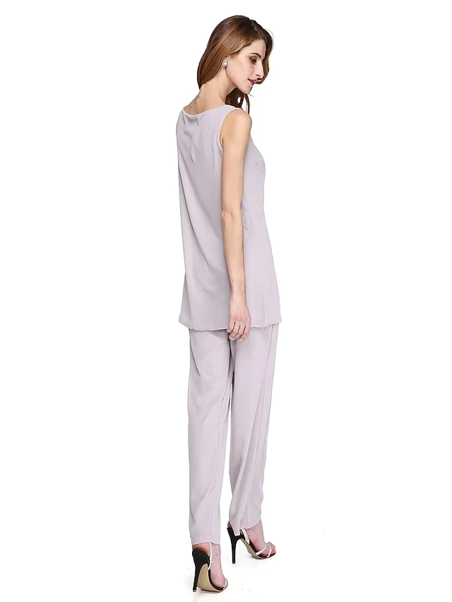 Zilver Jumpsuit Moeder Van De Bruid Jurk Plus Size Elegant Bateau Hals Floor Lengte Chiffon Bruiloft Gast Jurken Met Jas