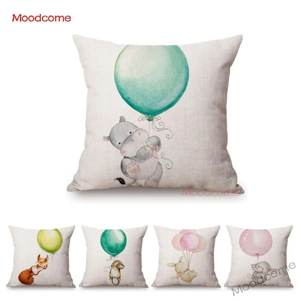 

Cute Baby Room Decoration Sofa Throw Pillow Case Woodland Baby Animal Holding Balloon Hippo Elephant Rabbit Linen Cushion Cover