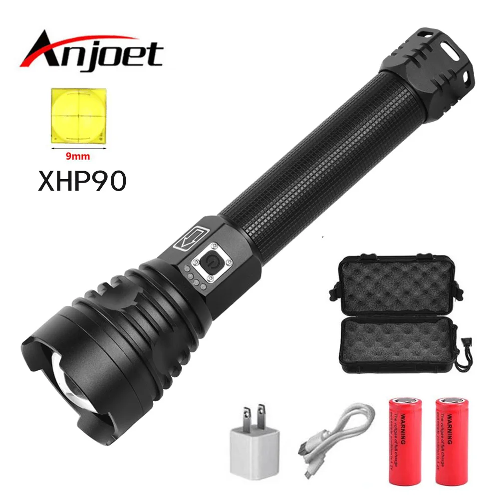 Anjoet XHP90 powerful led flashlight Zoom USB Rechargeable power 26650 or 18650 battery Tactical Flash light torch Waterproof