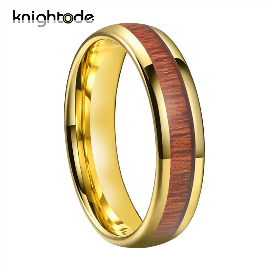 

6mm Gold Color Tungsten Carbide Ring Wood Inlay Wedding Band for Men Women Anniversary Rings Dome Polished Comfort Fit