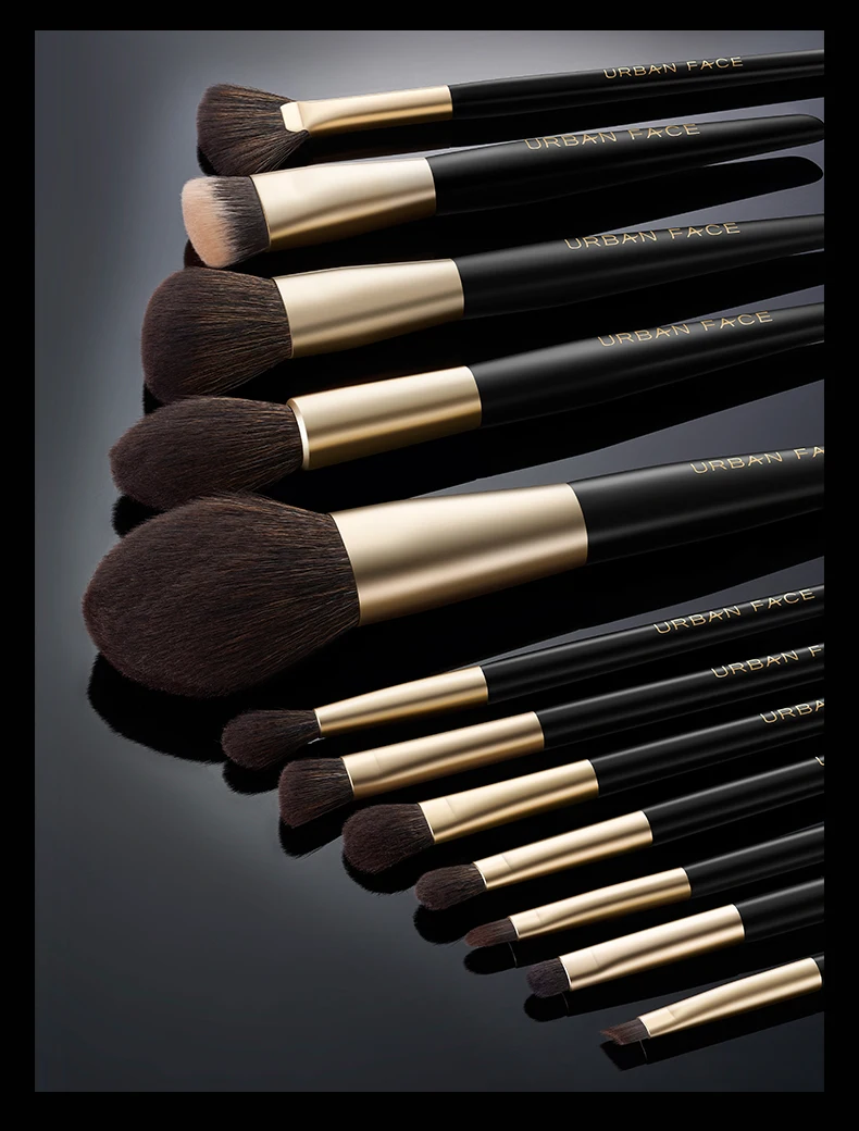 Urban Face Makeup Brush Set 10-12 Pieces Fulll Synthetic Hair Black and Gold Matte with Vegan Leather Cosmetic Bag