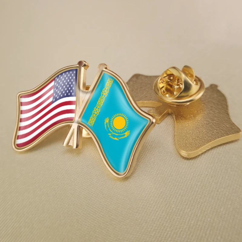 Kazakhstan and United States Crossed Double Friendship Flags Lapel Pins Brooch Badges