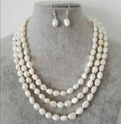 New Natural 3row 8-10mm White Baroque Freshwater Pearl Long Necklace Earrings set