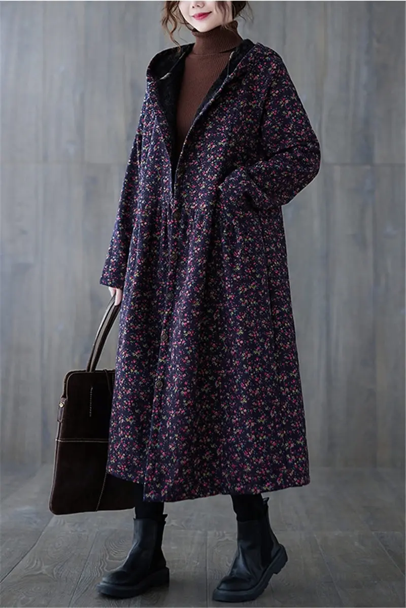 Women Fleece Autumn And Winter Cotton And Linen Jacket Small Floral Plus Velvet Warm Hooded Windbreaker Coat Long Abrigos M1547