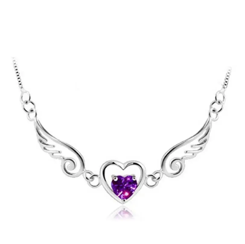 Hot Sale 925 Sterling Jewelry Love Angel Wings Necklace Dream Love Heart Crystal Zirconia Necklace Women Birthday Present S-N01