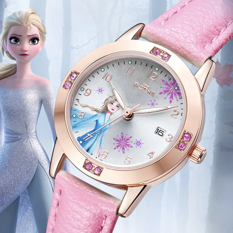 Disney Frozen Elsa Sofia Princess Children Girl Wristwatches Student Watches Pu Waterproof Calendar Luminous Japan Quartz Clocks