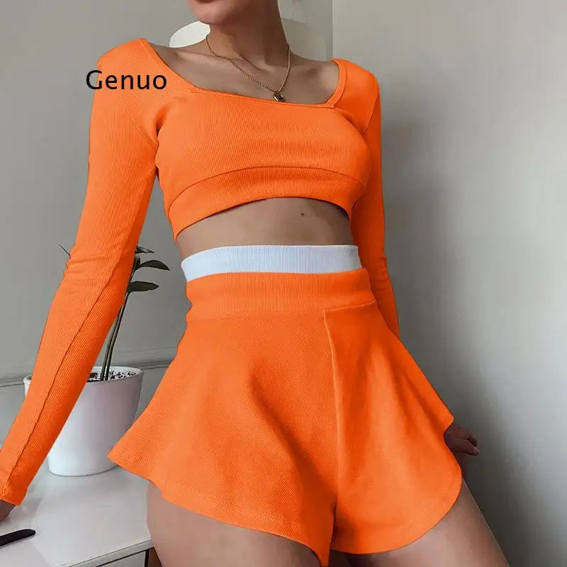 Two piece set women knitted tracksuit Summer long sleeve crop top loose shorts sports suit Female casual home pants suit outfit