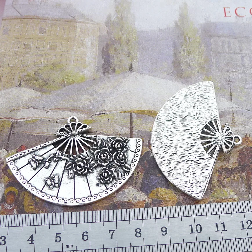 2pcs/Lot 55x39mm Flower Fans Charms Pendant Zinc Alloy Fan Charm Vintage Jewelry Findings Accessories