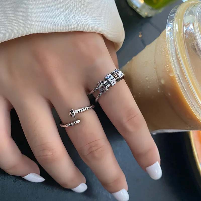 QMCOCOKorean INS Style  Silver Color Ring Punk Fashion Round Star-Shape Personality Screw Nail Student Open Index Finger Ring