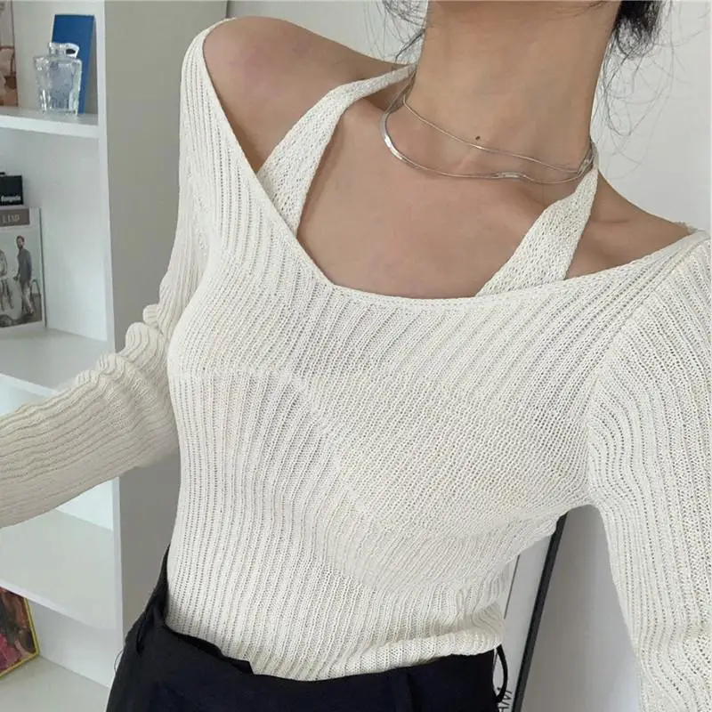 Tonngirls Fake Two-piece T-shirt Long Sleeve Halter Black Tops Knit  Slim Sweater Tops Women Autumn  Spring Sexy Female Tee Tops