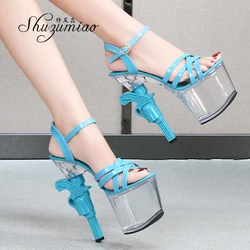 Sexy Transparent Platform Summer Sandal Catwalk Show Artifact Models High-Heels Women Stripper Chic Pistol Heel 17CM Bride Shoes